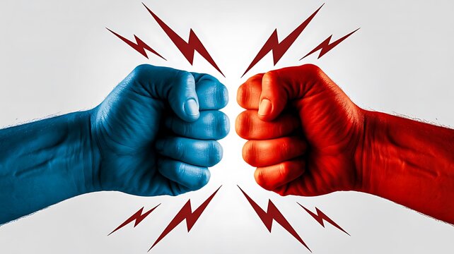 Conflict concept with two fists in blue and red representing power clash and rivalry concept