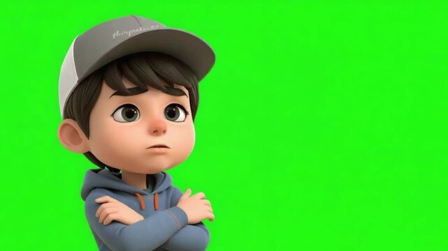 3D Cartoon Boy Thinking Pose on Green Screen Animation