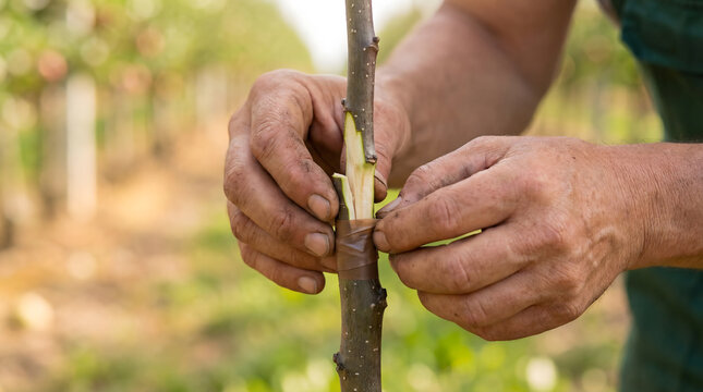 Gardener grafting young tree branch in orchard