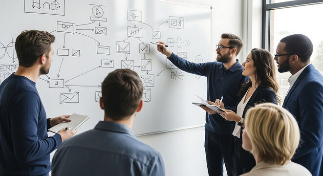 Professional Business Team Collaborating on a Complex Flowchart During a Strategic Brainstorming Session in Office