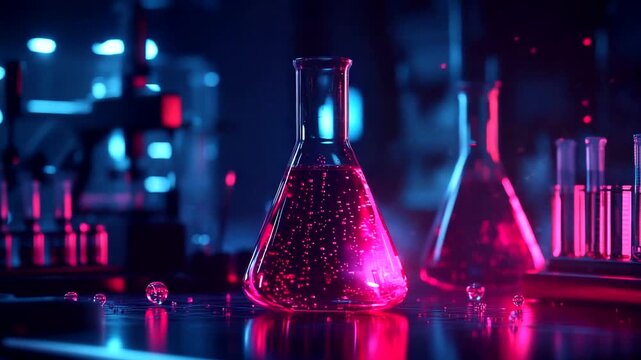 Vibrant laboratory scene featuring a glowing flask filled with liquid, surrounded by equipment