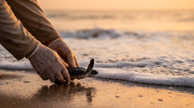 Hands releasing sea turtle hatchling to ocean during sunset