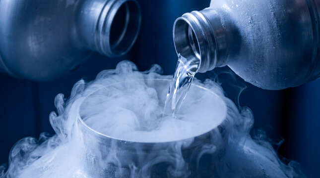Pouring liquid nitrogen creating fog cold gas