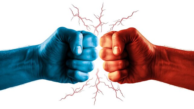 Conflict concept with two fists in blue and red representing opposition power and rivalry