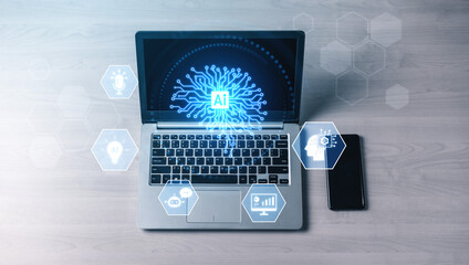 Fototapeta premium AI integration into systems including speech, chatbot, analytics, automation, and digital intelligence for innovation and smart technology deployment Vouch