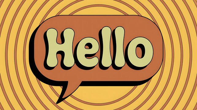 Hello with Thought Bubble : A retro-inspired graphic featuring the word Hello within a speech bubble, set against a backdrop of concentric circles. 