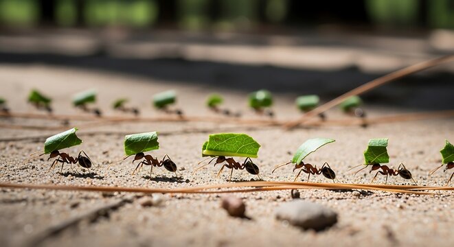 ants carrying small pieces of leaves across sandy ground