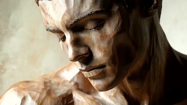A close-up of a sculpted male figure with intricate details, showcasing artistry and emotion