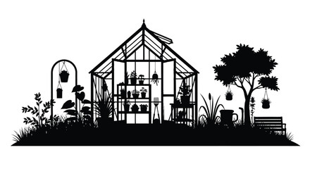 A detailed black silhouette of a greenhouse filled with plants and garden tools © Anupom