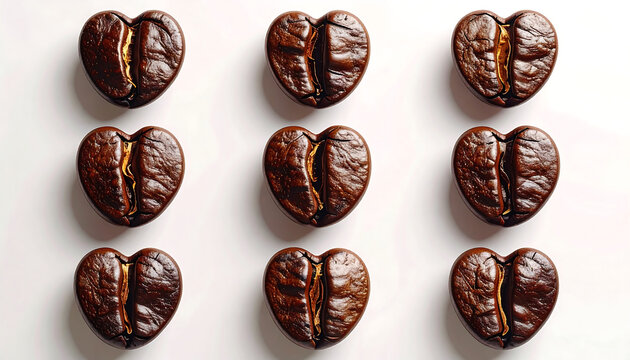Nine heart-shaped, dark roasted coffee beans form a symmetrical 3x3 grid on a clean white background, a warm visual expression of love for coffee