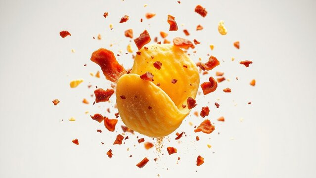 Crispy potato chip and bacon pieces burst against a soft pink backdrop, conveying savory flavor, satisfying crunch, motion and appetizing snack energy for food advertising and pac Скрыть

