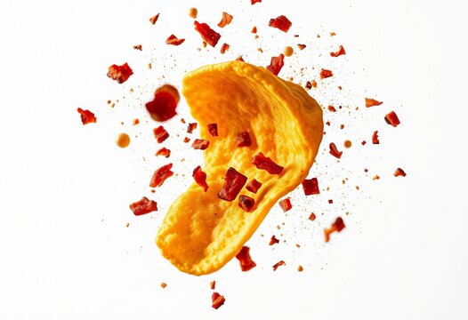 Crispy potato chip and bacon pieces burst against a soft pink backdrop, conveying savory flavor, satisfying crunch, motion and appetizing snack energy for food advertising and pac Скрыть

