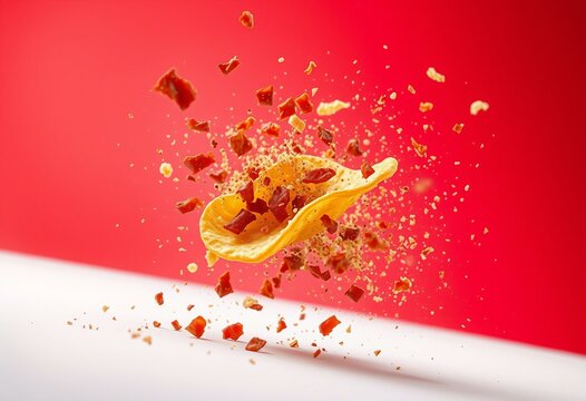 Crispy potato chip and bacon pieces burst against a soft pink backdrop, conveying savory flavor, satisfying crunch, motion and appetizing snack energy for food advertising and pac Скрыть
