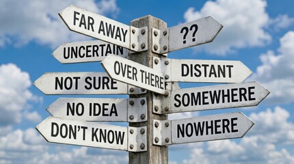 Fototapeta premium Confusing wooden directional signpost with uncertain destination arrows, rustic guidepost against blue sky, conceptual road sign for indecision and life choices