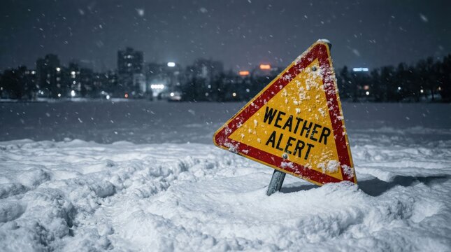 Weather alert sign in heavy snow, winter storm warning triangle on snowy ground, extreme blizzard conditions in city at night, cold climate emergency
