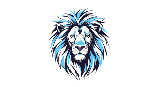 Majestic lion head with a striking blue and white mane captured in a powerful and detailed vector art style for logos or mascots.