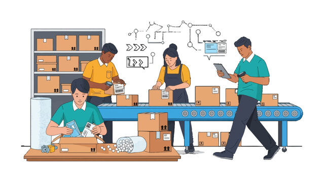 Efficiency in motion: A team of skilled workers manages the flow of products on an assembly line. This illustration shows a team meticulously packing goods.