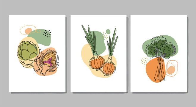 Set of three vegetable art posters featuring artichoke, onions, and kale in a minimalist continuous line drawing style with abstract shapes.