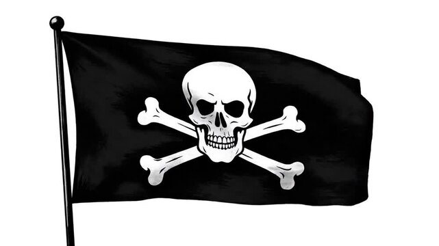 Black pirate flag with skull and crossbones waving on white background