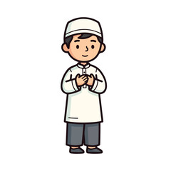Fototapeta premium Cute Muslim Boy Character in White Religious Outfit