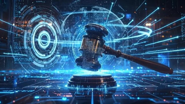 Digital gavel representing justice and law in a futuristic, technology-driven environment.