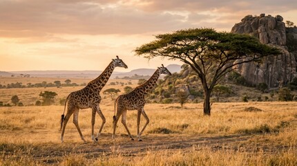 Obraz premium Two giraffes walking gracefully across the African savanna during a golden sunset, showcasing the serene beauty of wildlife in its natural habitat.
