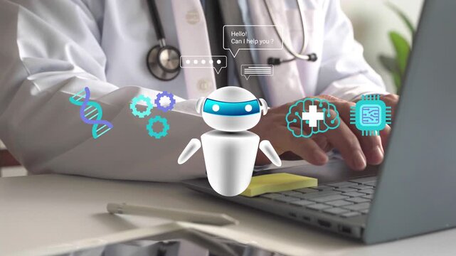 Physician working on a laptop with AI chatbot, genomics, and smart health icons, visualizing medical automation, virtual care, clinical support, and future digital healthcare.