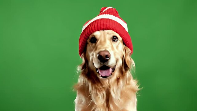 Happy golden retriever dog wearing a red and white striped knitted hat
