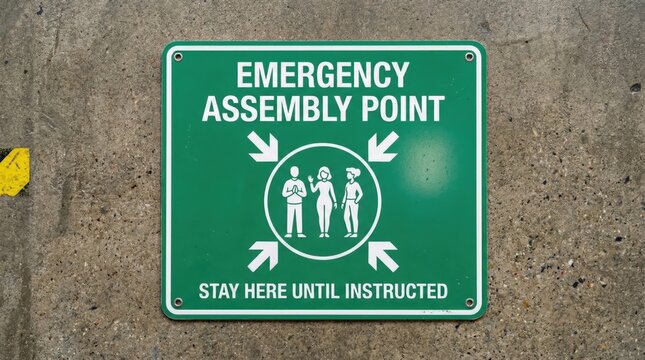 Emergency assembly point sign on concrete wall, green safety evacuation signage, industrial muster point information board for workplace security