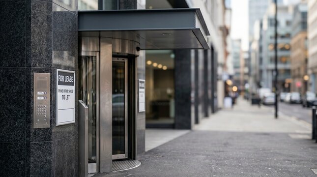 Commercial real estate for lease sign on modern office building entrance with revolving door. Featuring prime city location for business professional headquarters and corporate rental space available.