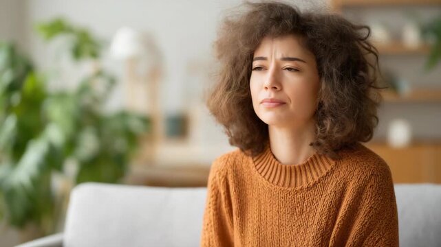 Caucasian woman blowing her nose with a tissue, representing cold, flu, allergies, and personal hygiene, highlighting everyday healthcare and illness prevention in a domestic setting.