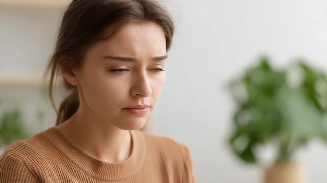 Caucasian woman blowing her nose with a tissue, representing cold, flu, allergies, and personal hygiene, highlighting everyday healthcare and illness prevention in a domestic setting.