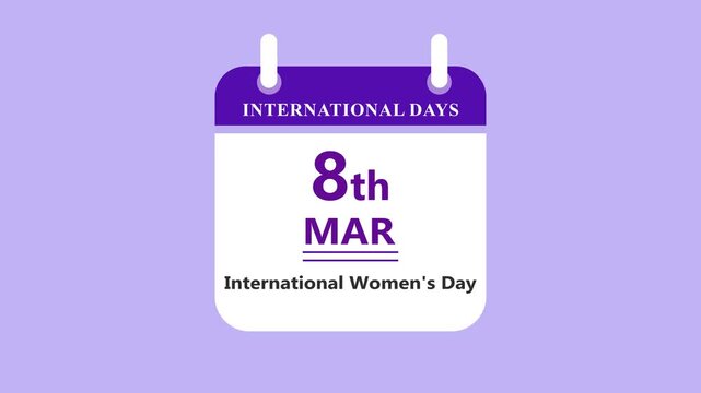 Women empowerment calendar interface featuring 8th March International Womens Day with clean minimal date layout and modern design on purple background 4k animation video