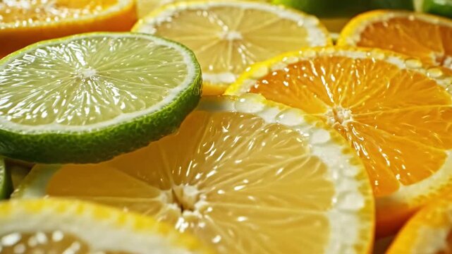 A vibrant mosaic of colorful citrus fruit slices, featuring oranges, lemons, and limes, perfect for culinary inspiration.