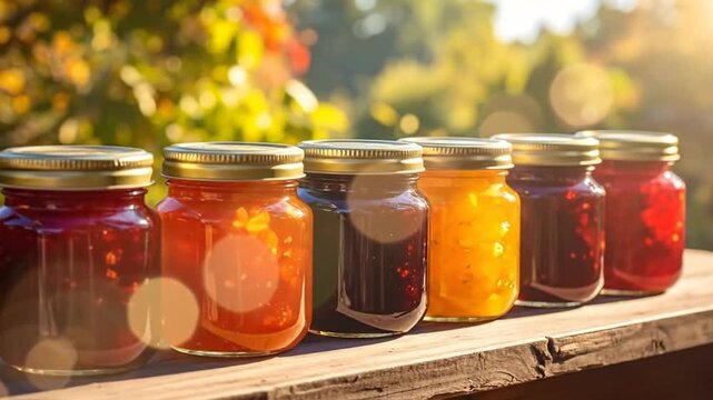 A row of colorful jars of homemade jam sit on a wooden surface with a blurred background.
