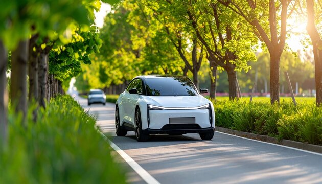 新緑の並木道をまっすぐ走るスタイリッシュな白い電気自動車