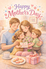 Naklejka premium Happy Mother’s Day Family Illustration at Home, Husband and Children Hugging Mom with Flowers and Gift, Soft Wax Texture Style