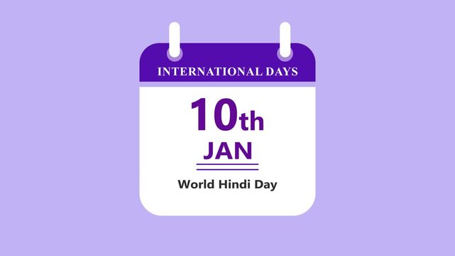 International calendar interface showing 10th January World Hindi Day with clean minimal date layout and modern design on soft purple background 4k visuals