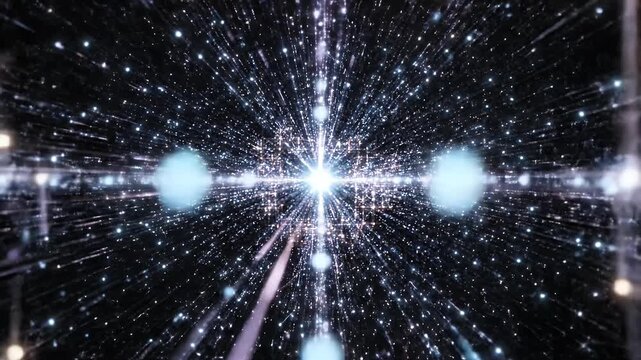 A mesmerizing abstract visualization depicts a complex network of interconnected nodes and lines radiating outwards against a dark, cosmic background, suggesting data flow and digital connectivity.