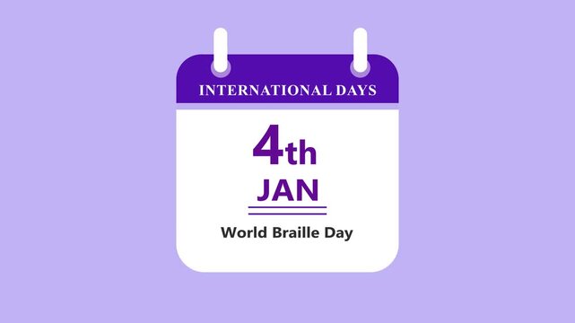 World Braille Day Calendar Design Featuring January Fourth Date on Purple Background with International Awareness Event Typography Layout
