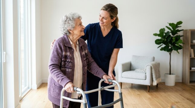 Elderly Woman Receives Walking Assistance From Caring Nurse With Upward Glance