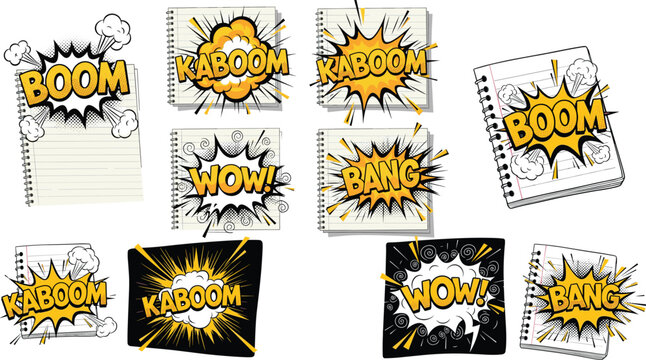 Comic Sound Effects with Boom, Kaboom, Wow, Bang, and Explosion Bursts on Notebooks in Bold Black and Yellow for Pop Art Graphics