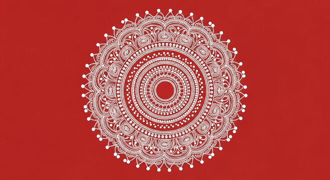 Traditional Indian Kolam pattern, symmetrical white geometric dots and curves, circular mandala layout, deep red background, decorative folk art, no text, vector style

