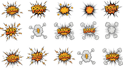 Comic Sound Effects with Zap, Pow, Boom, Bang, and Explosive Bursts in Orange and Black for Action Graphics © Shilpi