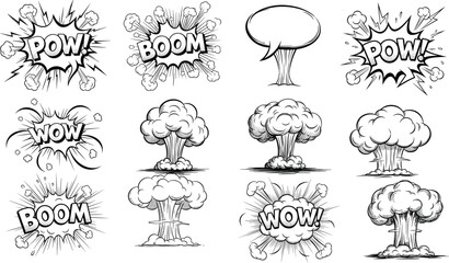 Comic Explosion Sound Effects with Pow, Boom, Wow, and Mushroom Cloud in Black and White for Action Graphics © Shilpi
