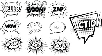 Comic Action Words with Boom, Zap, Wow, and Hello Speech Bubbles in Bold Black and White Retro Style for Pop Art Graphics © Shilpi