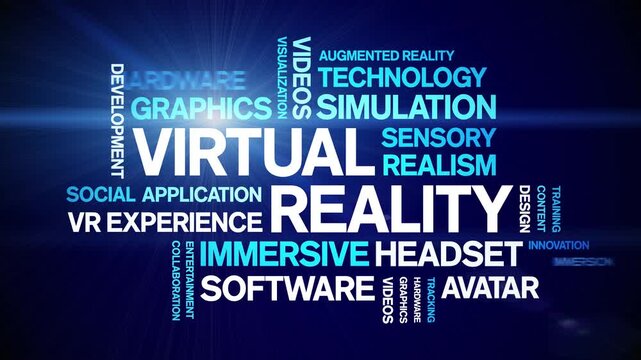 Virtual Reality animated word cloud-text design animation tag kinetic typography seamless loop.