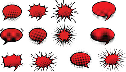 Comic Style Explosive Sound Effects and Speech Bubble Set with Bold Red Starburst and Dotted Halftone Patterns for Action Graphics © Shilpi