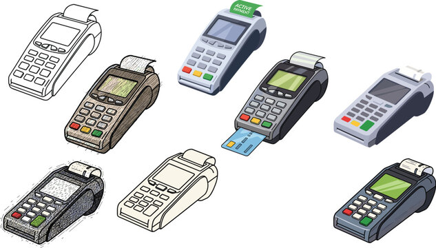 Payment Terminal and POS Machine Icon Set Featuring Card Reader, Receipt Printer, and Chip Insert in Various Styles
