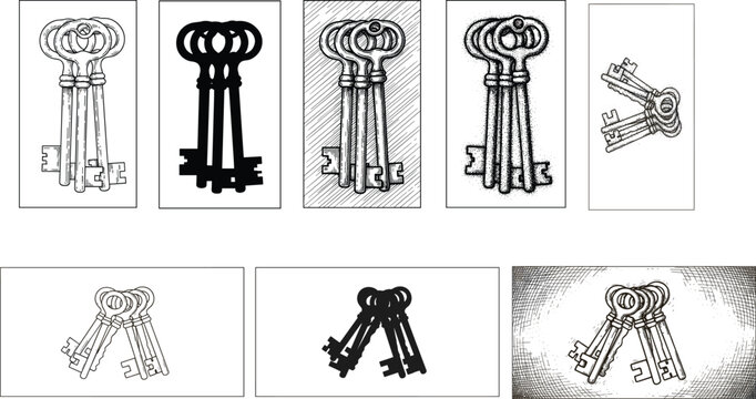 Antique Key Set Icon Featuring Vintage Keys in Various Styles, Including Line Art, Ink Drawing, and Solid Glyph